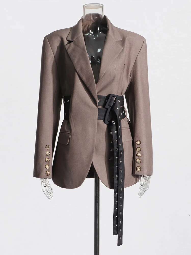 Fashion Patchwork Belt Blazer For Women Notched Collar Long Sleeve Spliced Button Designer Blazers Female Solid New