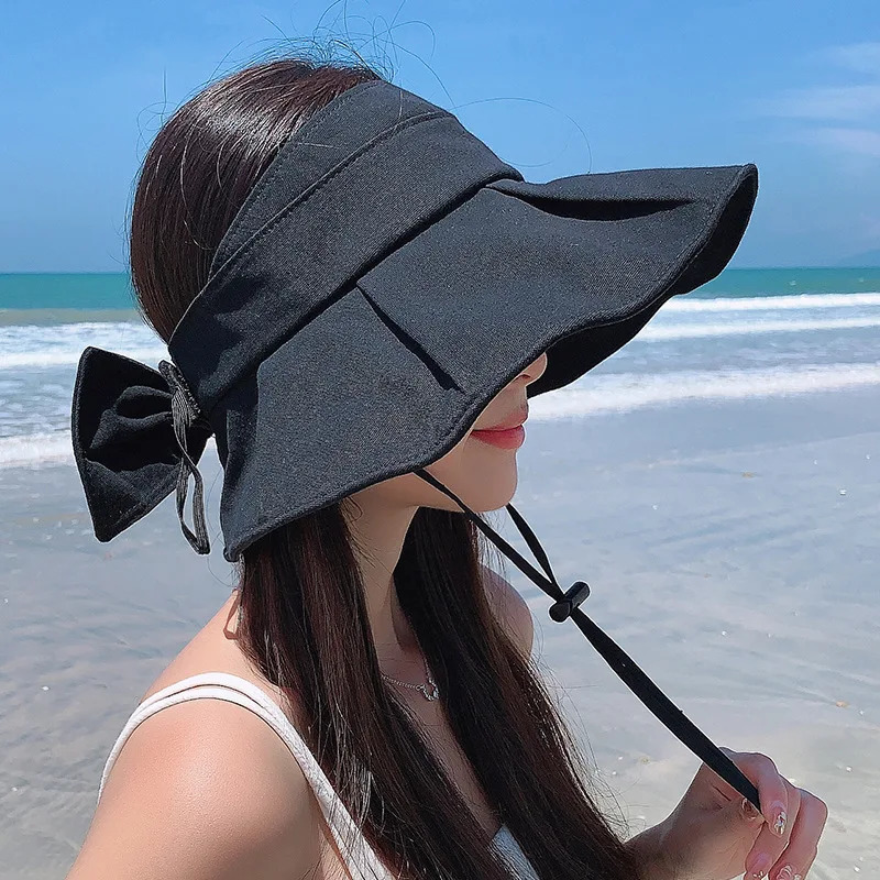 Breathable wide Brim Empty womens top hat summer folding portable beach sun hat elegant bow adjustable Panama hat for girls 250219