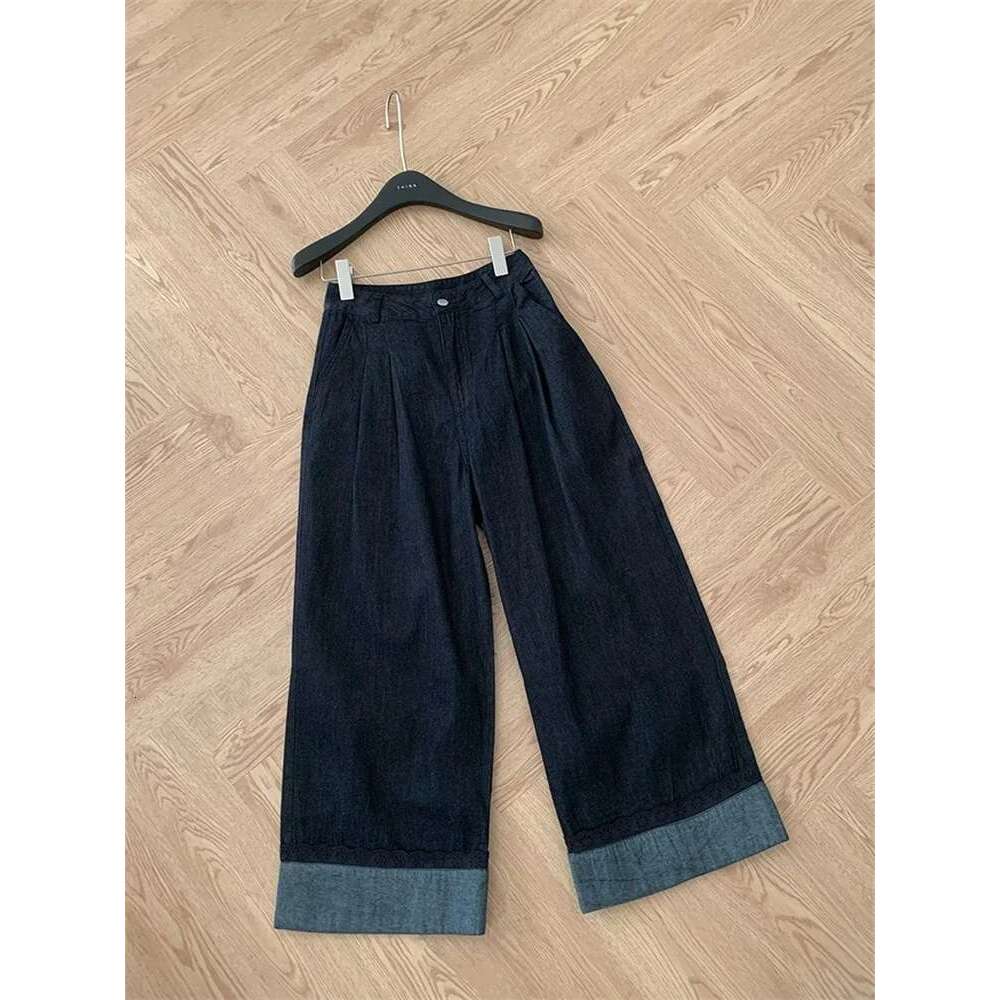 2025 100% Cotton Denim Blue Straight Pants Women Early Spring Simple Lace Curled Jeans Loose