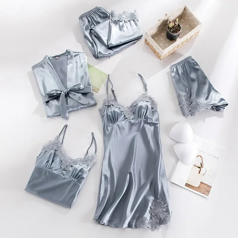 5PCS Sleepwear Sleep Suit Sexy Womens Lace Pajamas Sets V-Neck Satin Pajamas Intimate Lingerie Spring Nightwear Home Wear PJS 250219