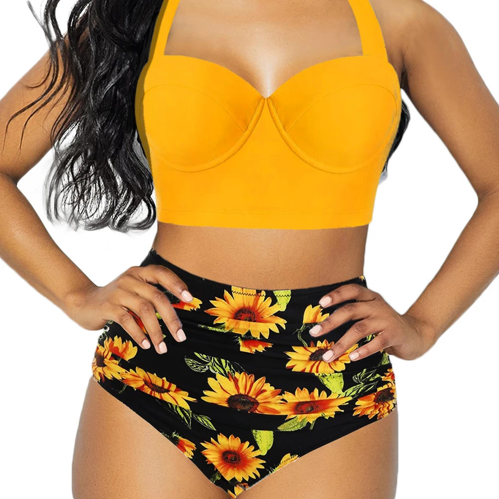 Women Push Up Bikini Set Summer Sexy Slim Flower Print Female High Waist Swimming Suits 250219