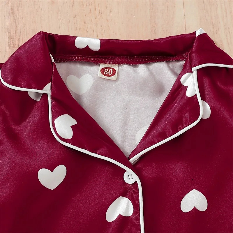 Pudcoco Little Girls Pajamas Set Toddler Satin Heart Print Lapel Collar Shirt Elastic Waist Pants Set Kids 2Pcs Loungwear 9M-5T 250219