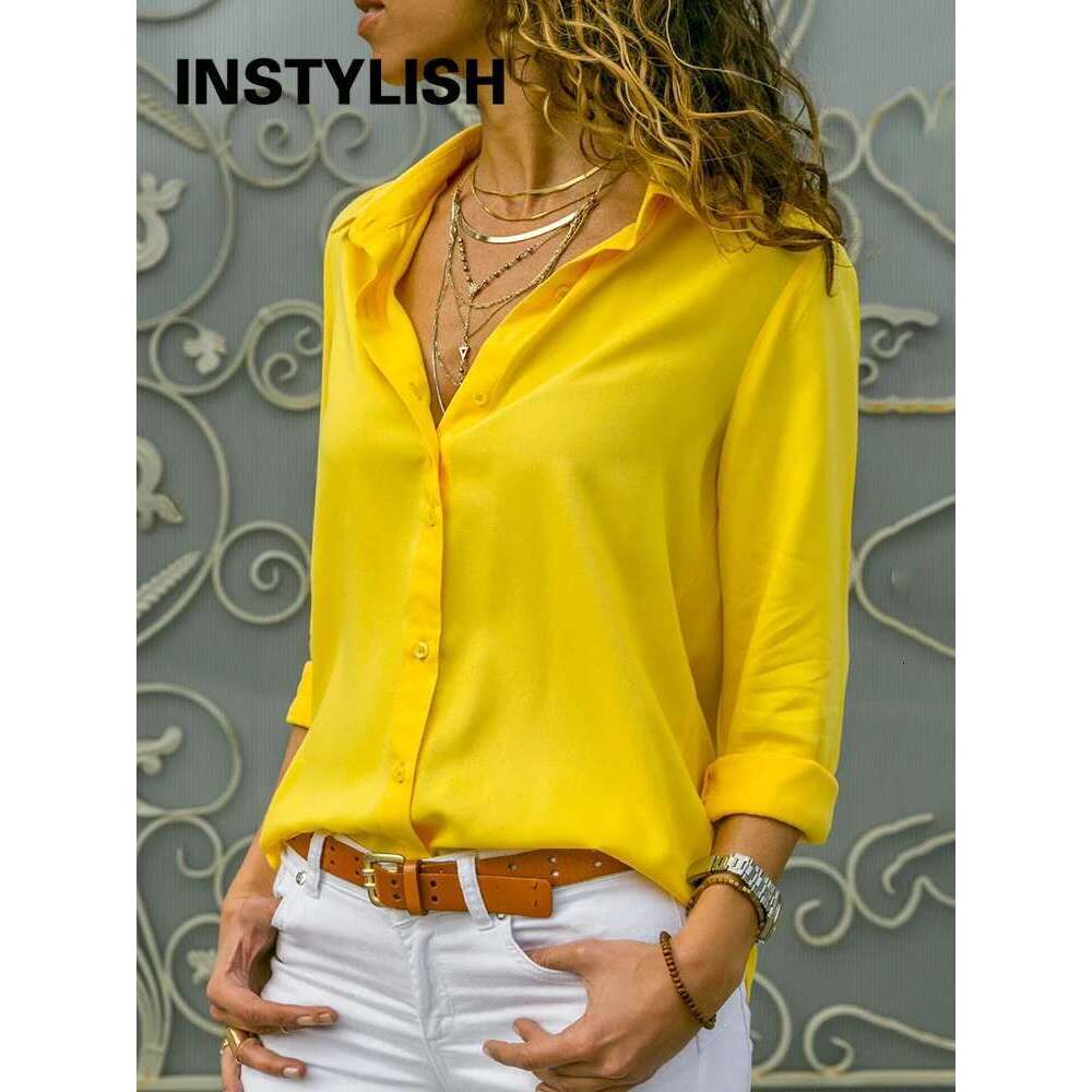 Women Solid And Shirt Elegant Long Sleeve V Neck Chiffon Blouse Office Lady Loose Tunics Oversized Tops