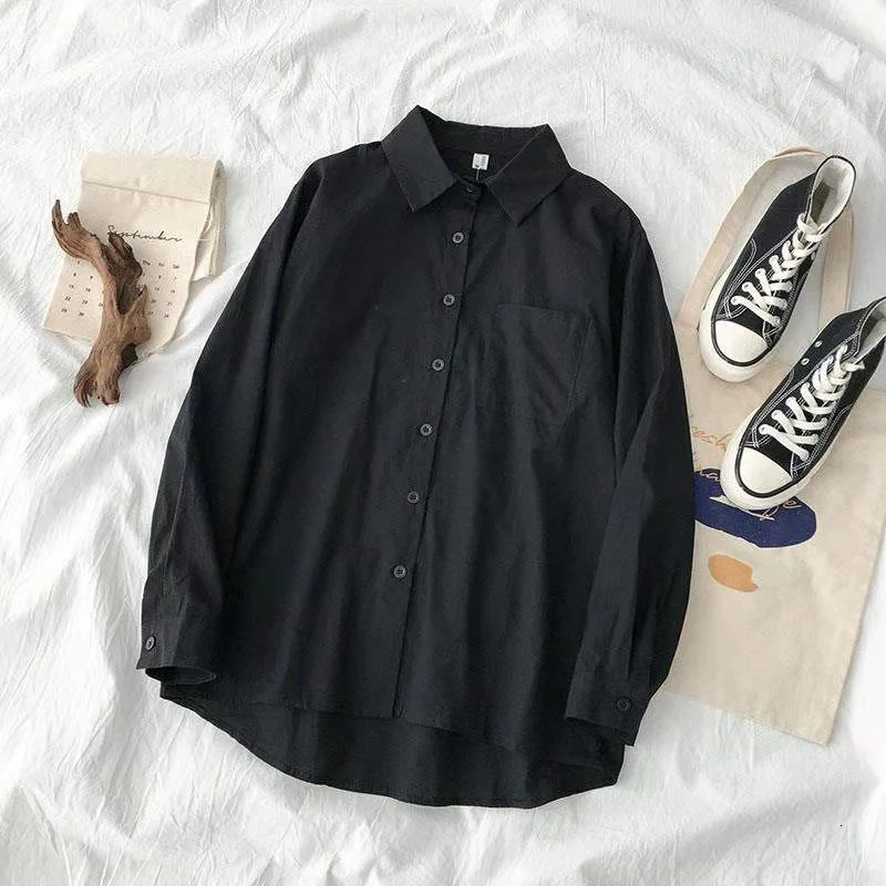 Black White Casual Shirt Women JK Preppy Style Long Sleeve School Shirts Girl Harajuku Loose Turn Down Collar Button Up Blouses 250219