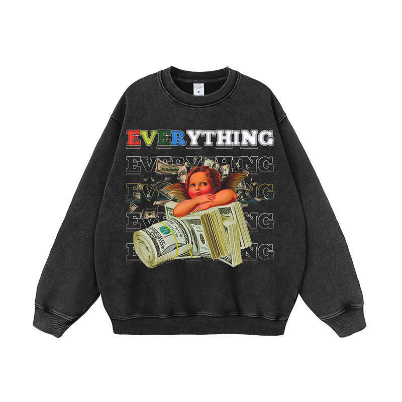 Angel print vintage Wind long sleeved hoodie for men and women, high street trendy brand wash top