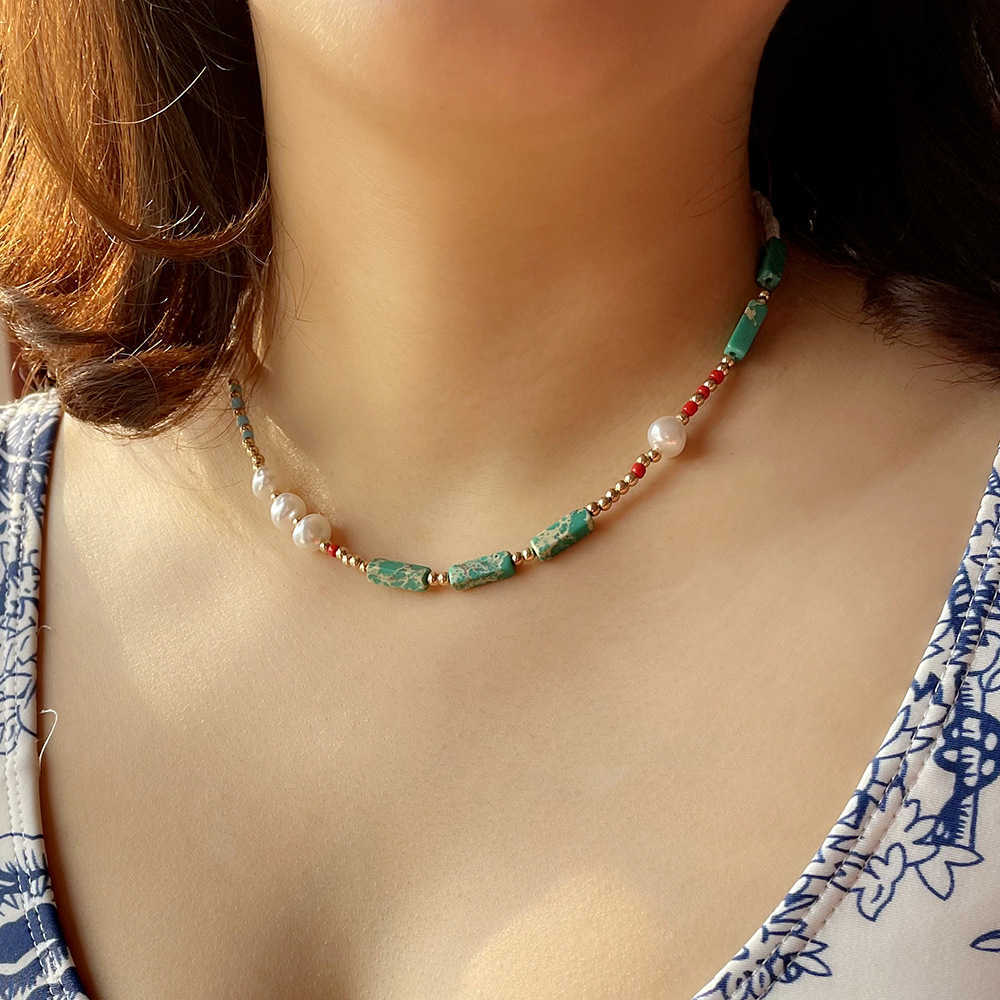 Pendant Necklaces Bohemian style pearl necklace womens summer agate green semi fashionable handmade collarbone necklace jewelry H25219