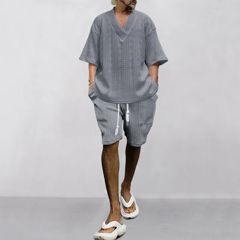 casual loose one seventh sleeve jacquard Vneck top mens beach vacation set European size 2piece 250220
