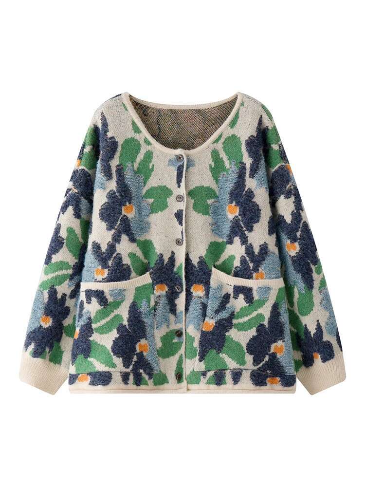 Elegant Wer Print Wool Knit Coat For Women Round Neck Single Breasted Warm Cardigan Sweater Winter New 26C1240