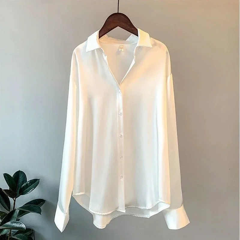 Silk Korean Office Ladies Elegant Shirt Blouse Women Fashion Button Up Satin Vintage White Long Sleeve Shirts Tops 250219