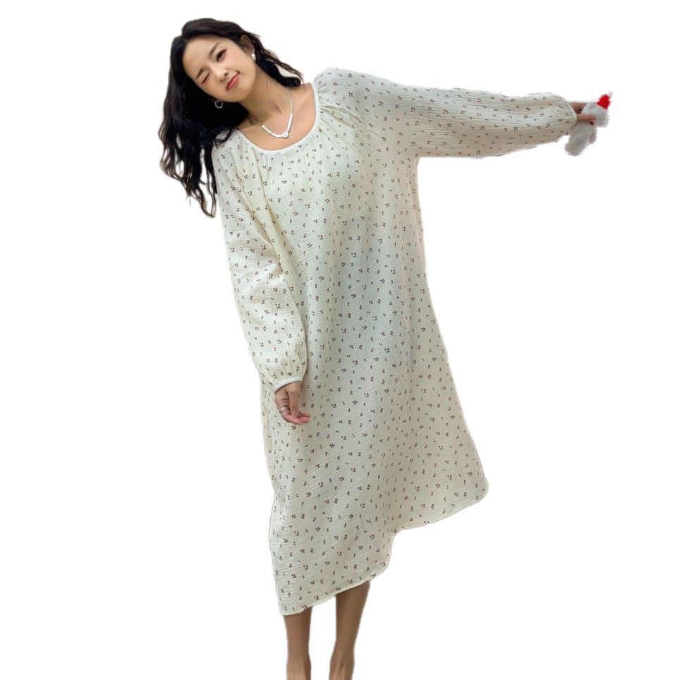 X166 Pure cotton, gentle, floral, simple, comfortable, casual, loose, long-sleeved, wearable nightgown