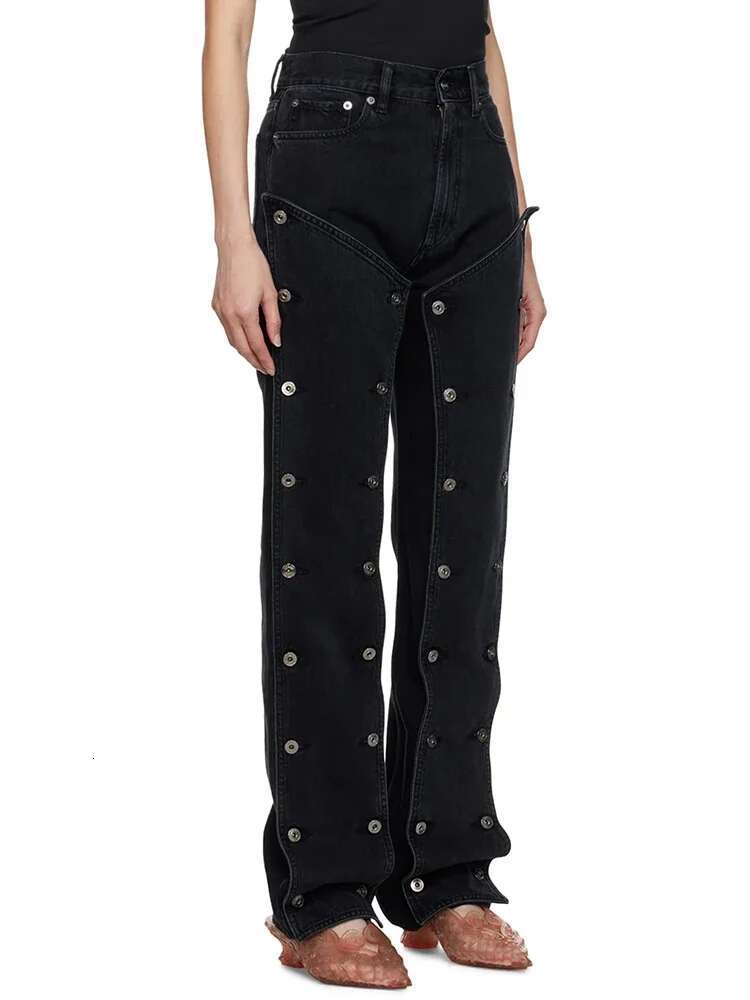 Patchwork Button Denim Loose Pants For Women High Waist Streetwear Straight Jeans Female Fashion Clothing 2025New