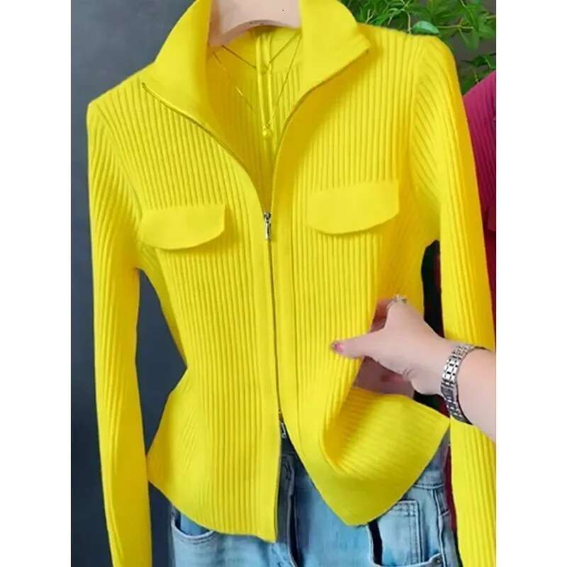 Fashion Zipper Short Knitted Cardigan 2025 Spring Autumn New Korean Versatile Coat Top Turn-Down Col Sweater Solid Color