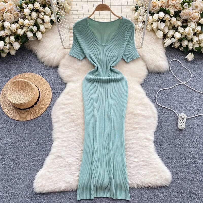 Women Knitted Bodycon Solid Dress Summer Female Short Sleeve Knitwear Pullover Maxi Long Party Dresses