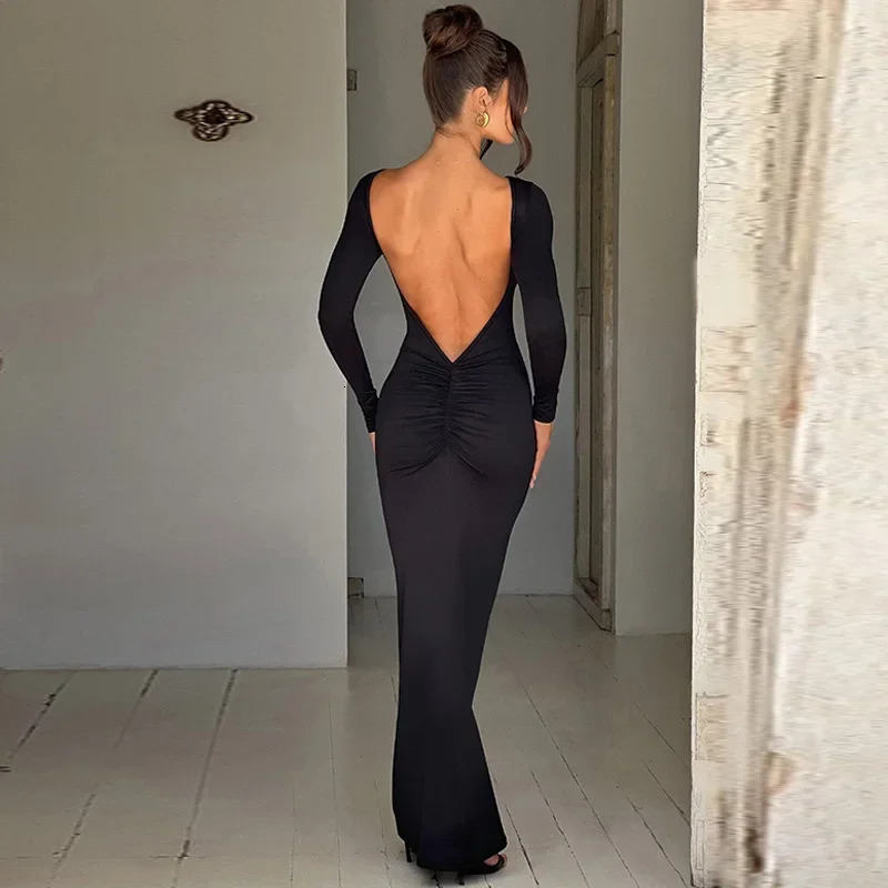 Autumn Winter Sexy Backless Bodycon Ruched Evening Party Maxi Long Dress Outfit for Women Long Sleeve Black Club Dresses Vestido 250219