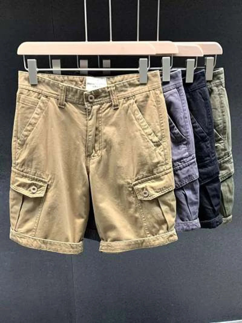 Mens Cargo Shorts Pockets Zipper Button Solid Bermuda Short Pants for Men Strech Wide Jogger Y2k Knee Length Cotton Khaki 250220