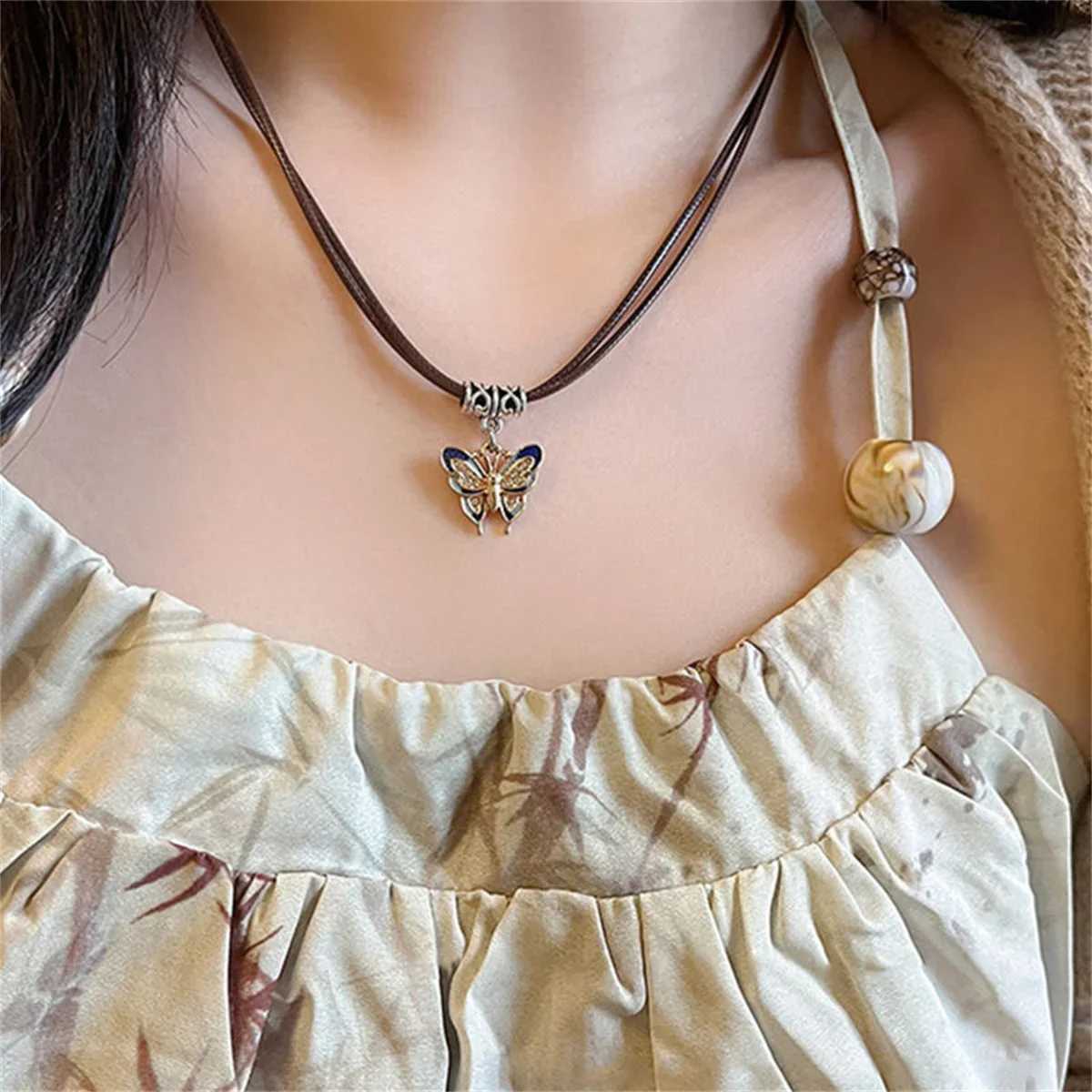 Fashion Korean Butterfly Necklace for Women Braided Rope Fairycore Necklaces Temperament Fashion Jewelry Summer Hip Hop NecklaceXJ250219