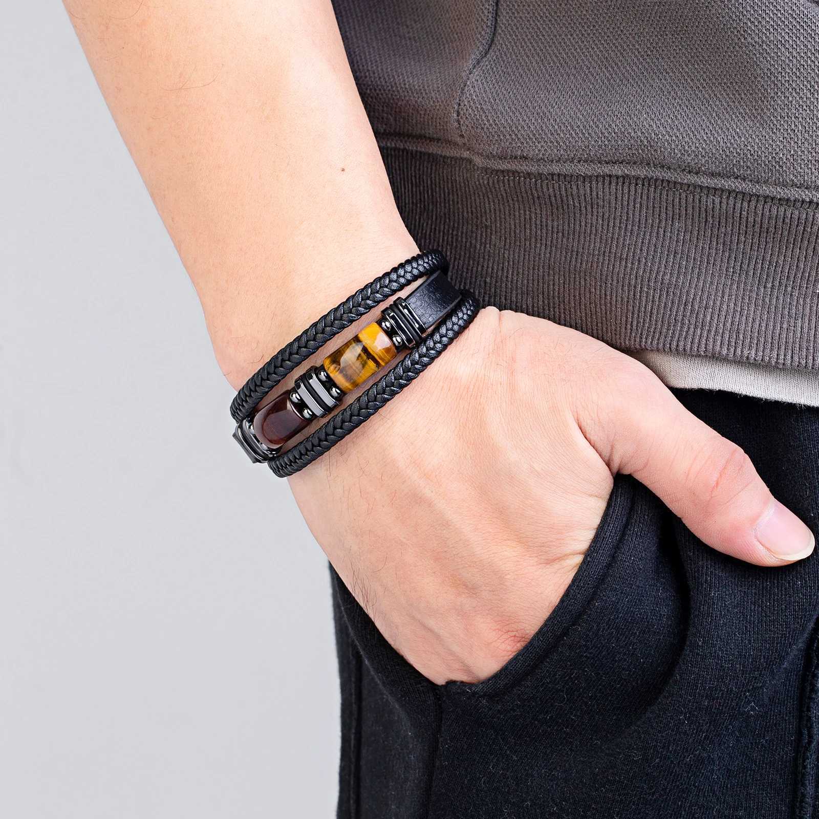 New Natural Tiger Eye Stone Mens Wristband Bracelet Hand-woven Multi-Layer Braided Leather Bangles Stainl Steel JewelryXJ250219