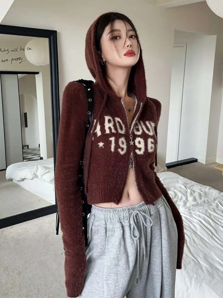 Tonngirls Japanese Print Women Long Sleeve Knitted Cashmere Cardigan Y2k Vintage Sweater Autumn Winter Streetwear 2000s