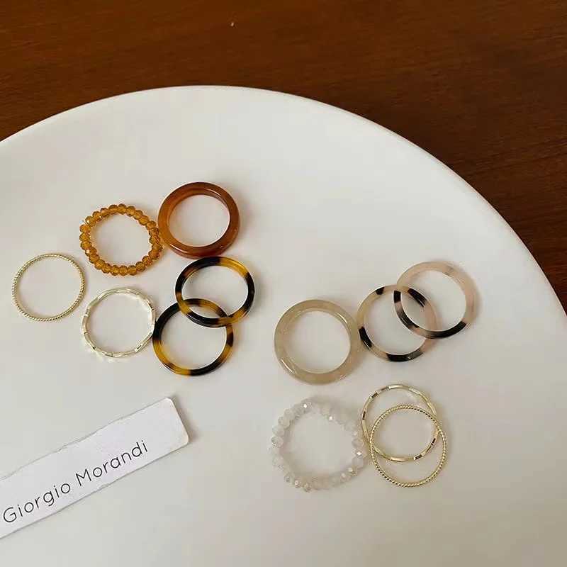 6pcs/set Rings Set for Wen Girl Vintage Simple Acrylic Gold Color Beaded Elastic Rings Fashion Accessories Finger Jewelry Gift X250220