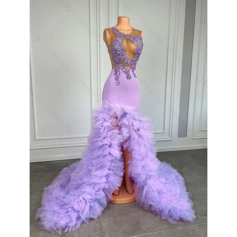 Elegant Purple Appliques Beaded Long 2025 Sexy Slit Black Girl Mermaid Prom Dresses Pleated Custom