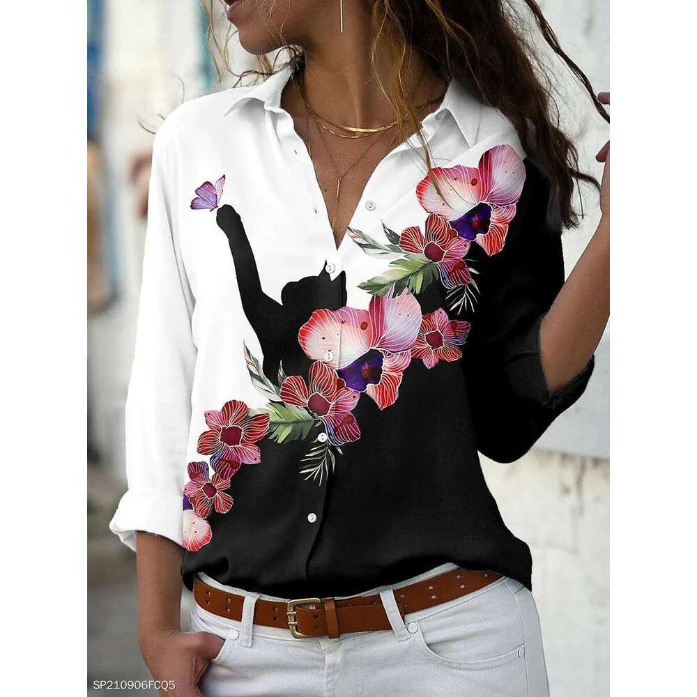 Fashion Casual Printed Elegant Long-Sleeved Woman Shirt All-Match Loose Top