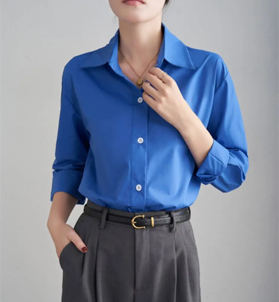 Womens Blue Shirt Spring And Autumn Long Sleeve Solid Color Casual Outdoor Top Korean Style Blouses For Ladies Fashion Shirts 250219