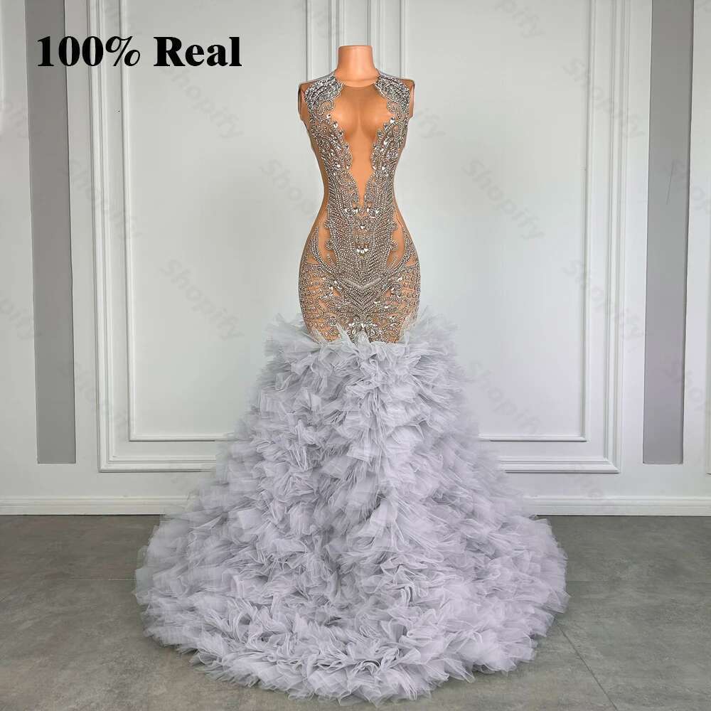 Puffy Layered Pleated Silver Long Black Gown Girls Crystal Rhinestone See Through Mermaid Custom Ball Gowns prom