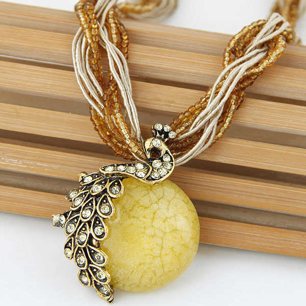 Pendant Necklaces Bohemian style tassel peacock temperament womens rice bead necklace sweater chain H25219