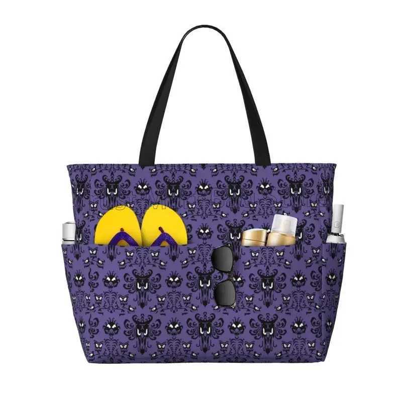 Happy Haunted Mansion Beach Bag for Women Travel Tote Bag with Pockets Summer Large Beach Pool Bag for Swim Gym Vacation Z250219