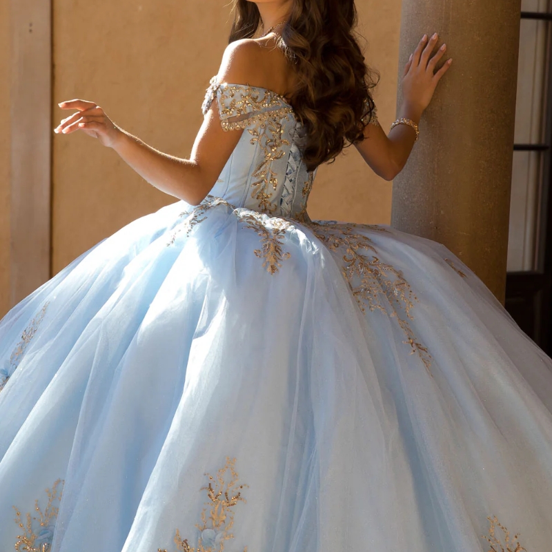 Sky Blue Shiny Quinceanera Dresses Ball Gown Off Shoulder Appliques Lace Beads Tull Sweet 16 Dress Vestidos 15 De Anos
