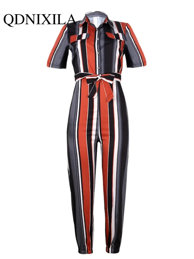 Summer Jumpsuit Women Elegant Casual Lapel Buckle Printed Female Jumpsuit Woman Trousers Playsuit Overalls Bodysuit Romper 250220