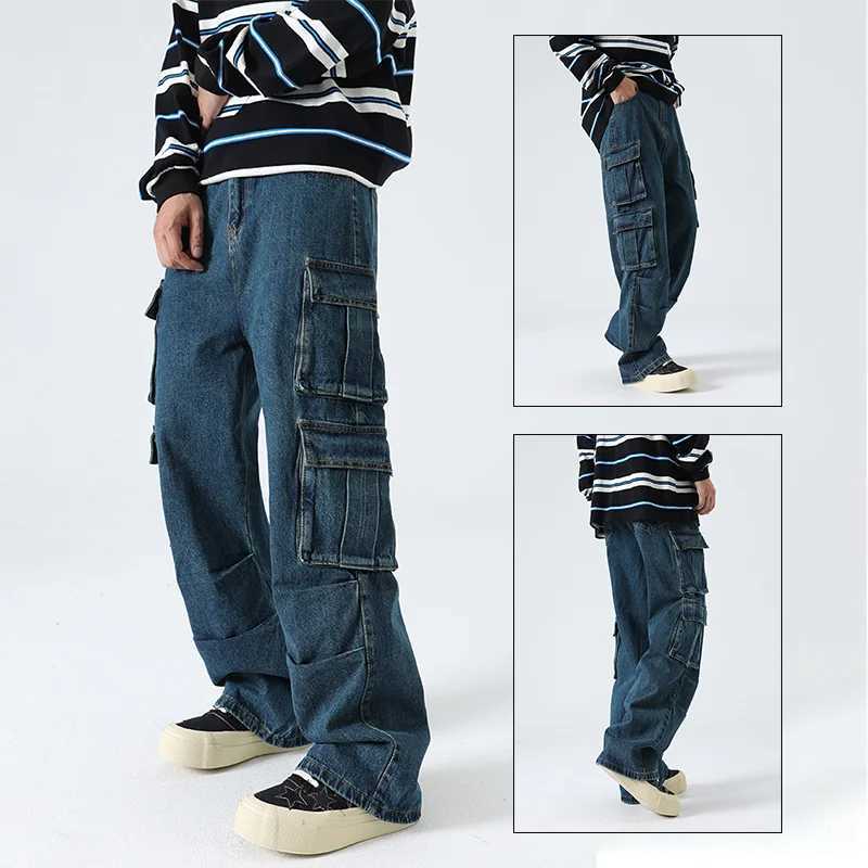 Multi pocket blue washed denim cargo pants for men Y2K heavy-duty retro streetwear fashion hip-hop jeans Harajuku casual wide leg pants X250220