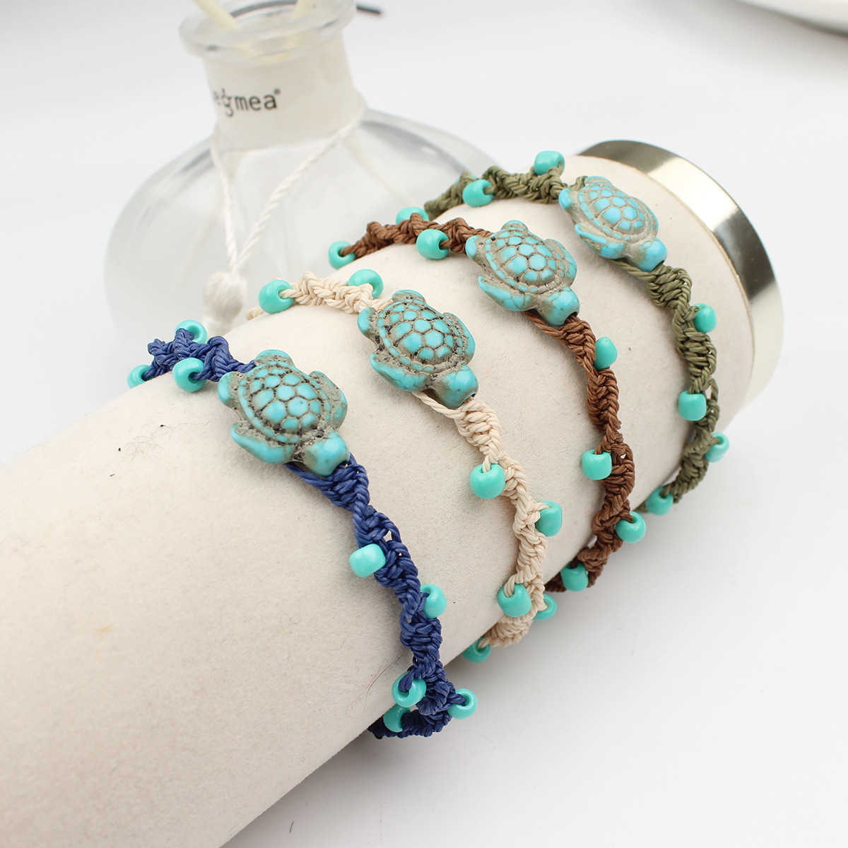 Charm Bracelets New beach vacation style turquoise turtle handmade bracelet now with adjustable hand rope for couples H25220
