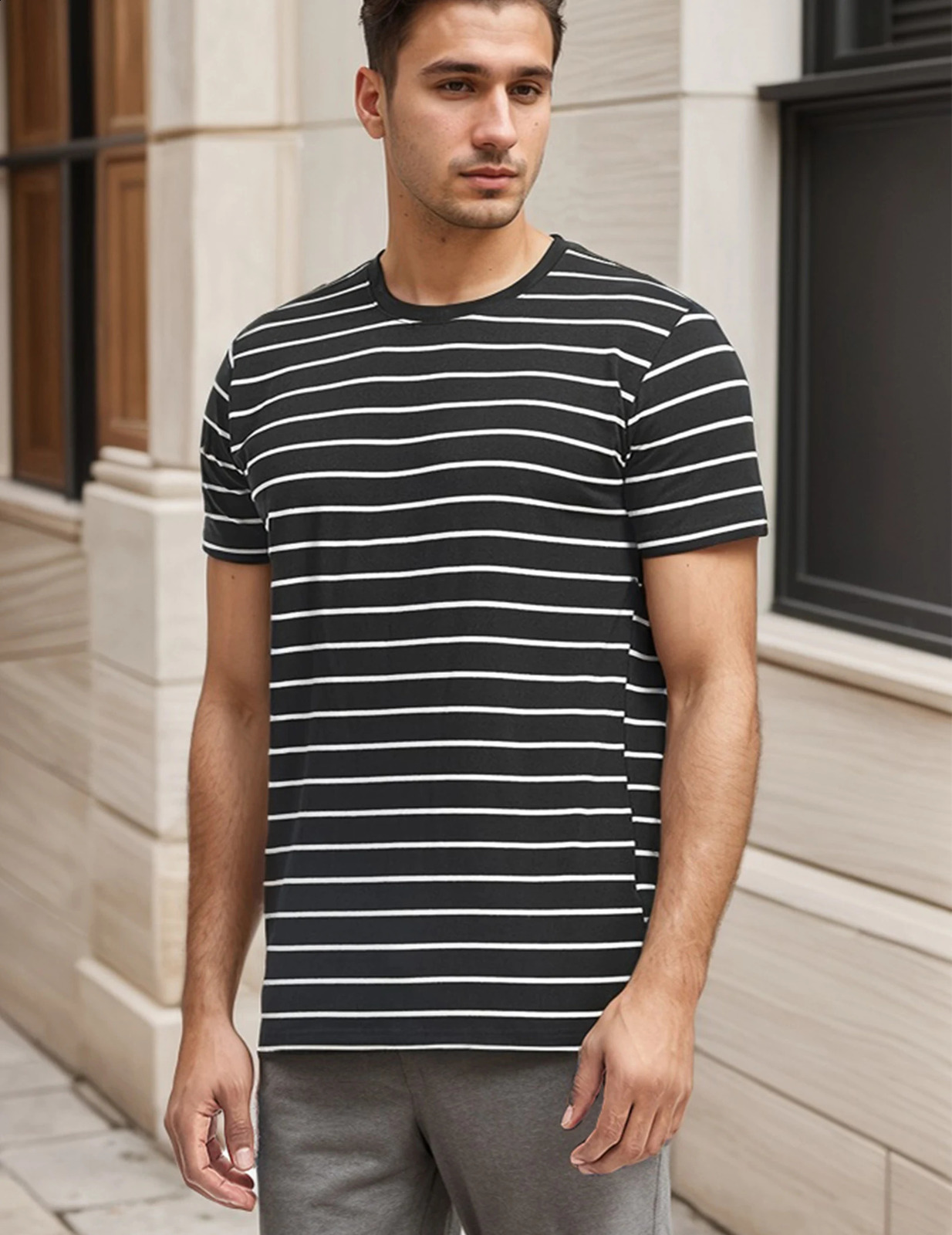 Mens Crew Neck Striped Short Sleeve T-Shirt - Comfortable and Soft Cotton Fabric for Casual Summer Outfits 250217