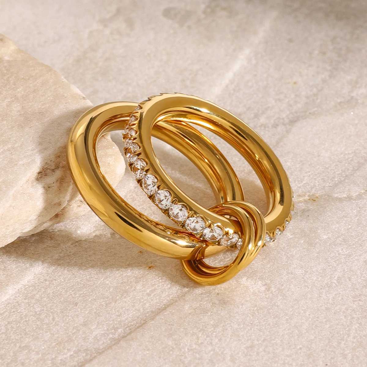 Youthway Minimalism Glossy Stainless Steel White Cubic Zirconia Inlaid Double Layer Ring Waterproof Jewelry Gift X250220