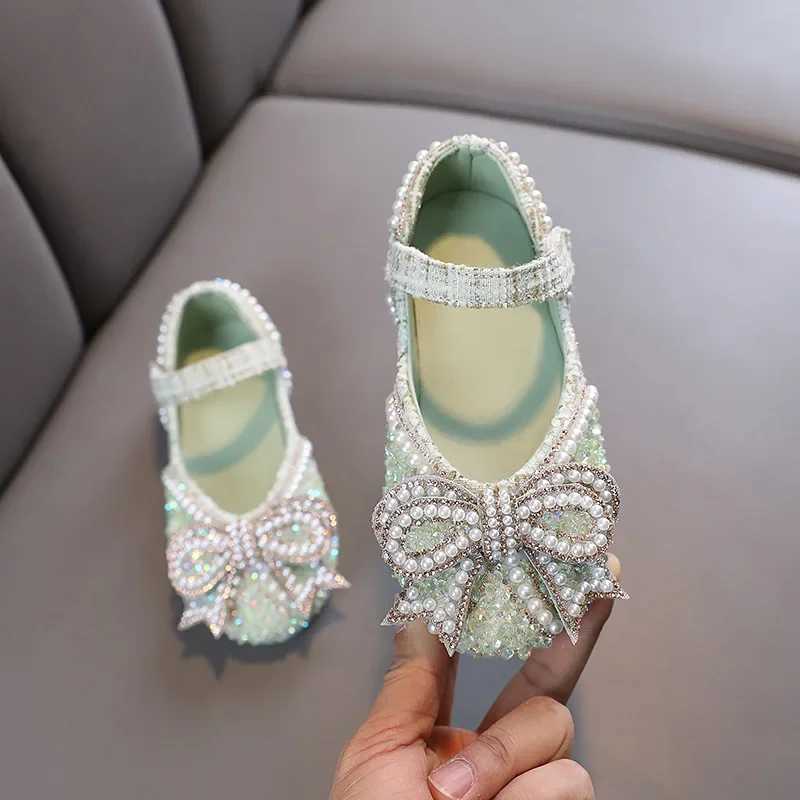 Girls Shoes Bling Single Shoes for Stage Performance Mary Janes Bow Crystal Glitter Wedding Flats Party Leather Shoes New X250220