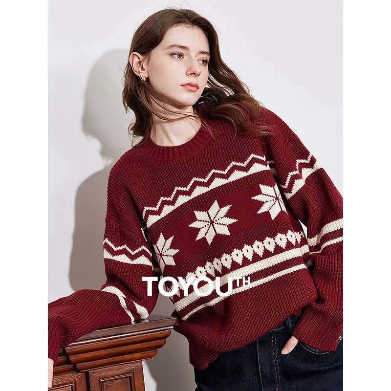 2025 Autumn And Winter Women Contrast Round Neck Ankora Red Knitted Sweater Tops