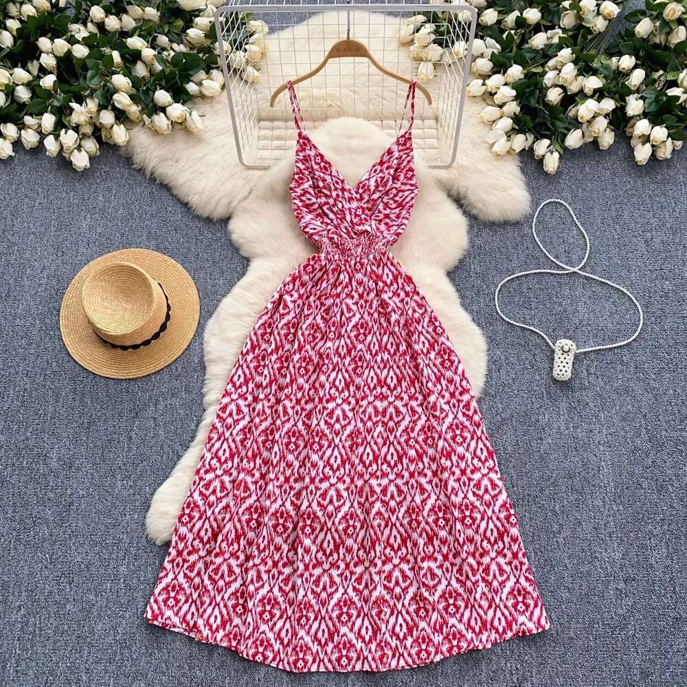 2025 New Print Sexy V Neck Dress Straps Swinging Collar Backless Leopard Elegant Ladies Vacation Beach Party Sundress
