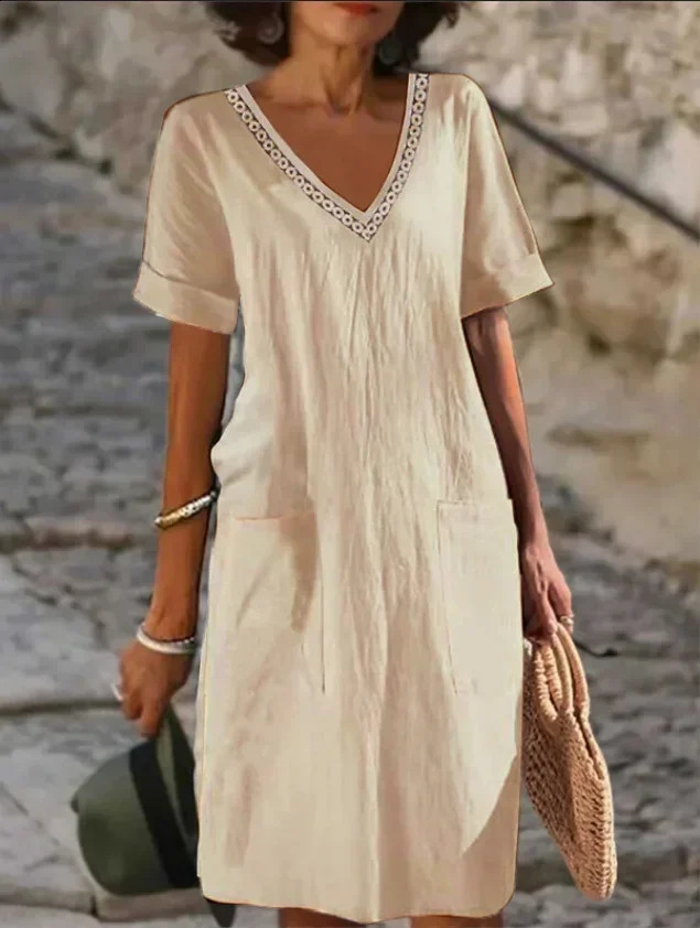 Spring Cotton Linen Womens Dress White Solid V-neck Elegant Dresses Female Soft Casual Loose Summer Clothes Ladies 250220