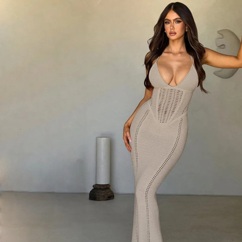 Elegant Womens Dress V Neck Spaghetti Strap Sleeveless Backless Bandage Bodycon Hollow Out Club Party Sexy Long Dress 250219