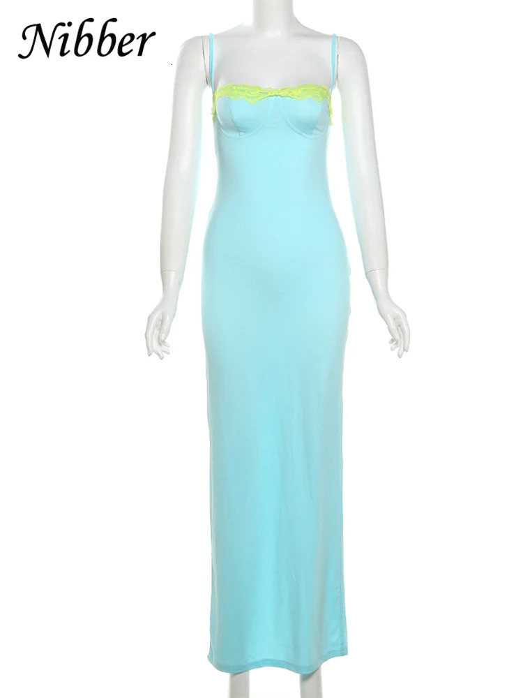 Nibber Lace Tube Splits Dress Sleeveless Stretch Summer Patchwork Chic Wrap Sheath Spaghetti Straps Coquette Sexy Maxi Vestidos 250219