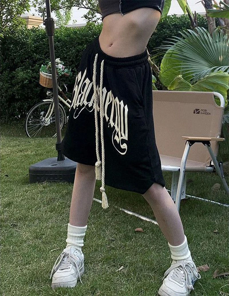 y2k Summer shorts American High Street alphabet print black womens Shorts Loose draw rope wide Leg Pants Sports shorts 250219