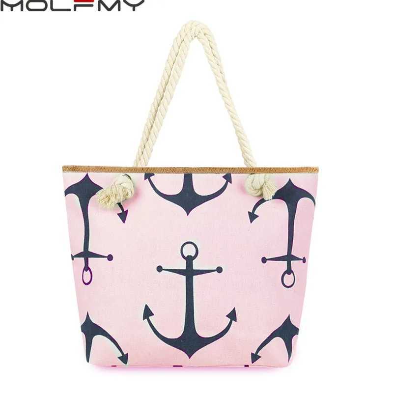 Womens Canvas Handbag Large Capacity Travel Shopping Anchor Print Casual Female Shoulder Beach Tote Bag Portable ECO 2021 New Z250219
