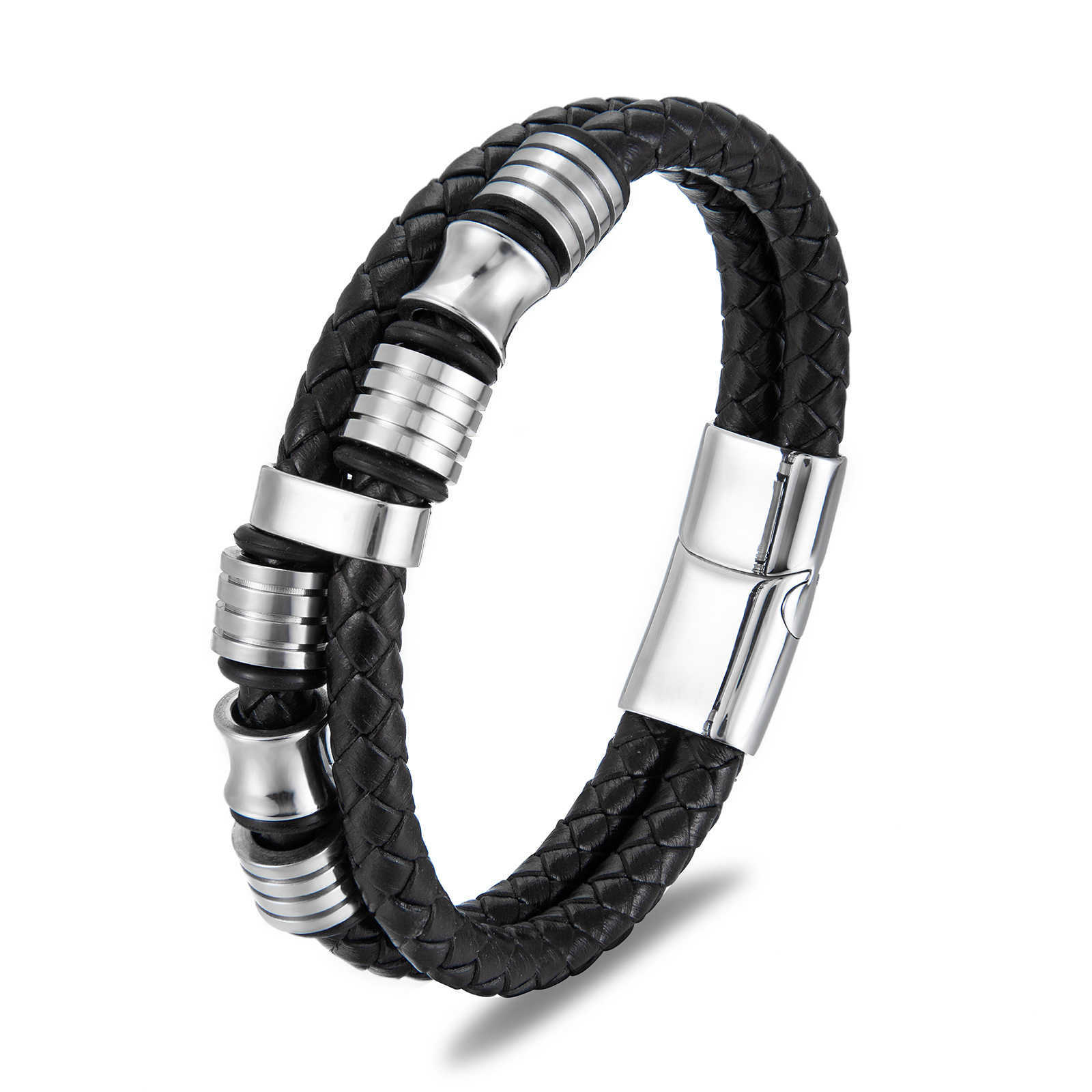 Charm Bracelets New black leather stainless steel mens bracelet minimalist leather bracelet H25220