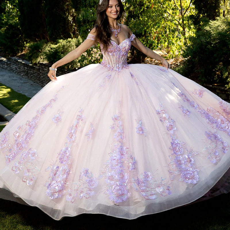 Pink Shiny Quinceanera Dresses Ball Gown Off Shoulder Sequin Appliques Lace Beads Tull Corset Sweet 16 Dress Vestidos 15 de anos