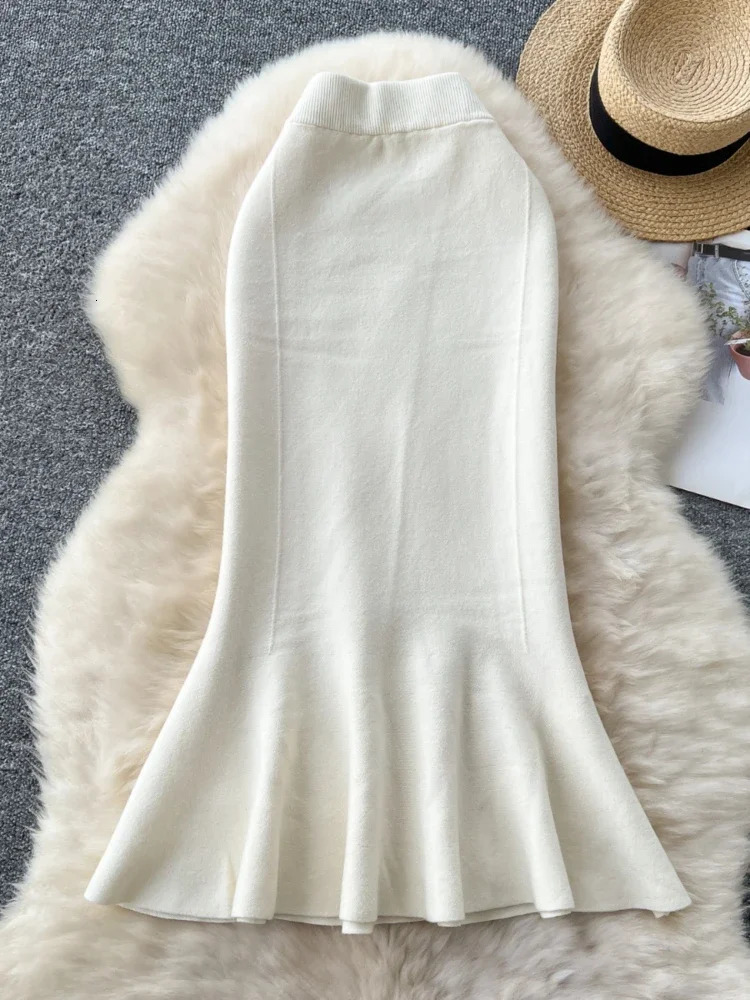 High Waisted Vintage Knitted Skirt Women Ruffled Slit Fishtail Office Midi Skirts Autumn Winter Woolen 250220