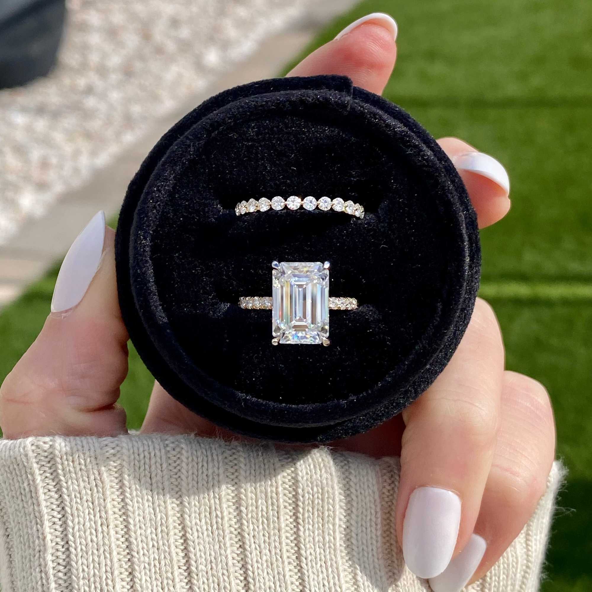 Luster Fine Jewelry Solitaire Hidden halo GRA Certificate Diamond 5ct Emerald Cut 14k Gold Moissanite Ring Set for Engagement