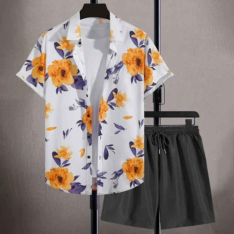 Fashionable floral plant print mens shirt short sleeved 2piece summer beach casual loose shorts top Hawaiian style suit 250220