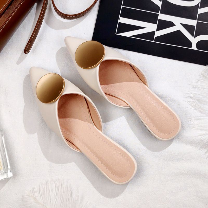 Summer New Baotou Half Cool Tuo Women's Pointed Flat Bottom Lazy Outsider Wearing One Step Moeller