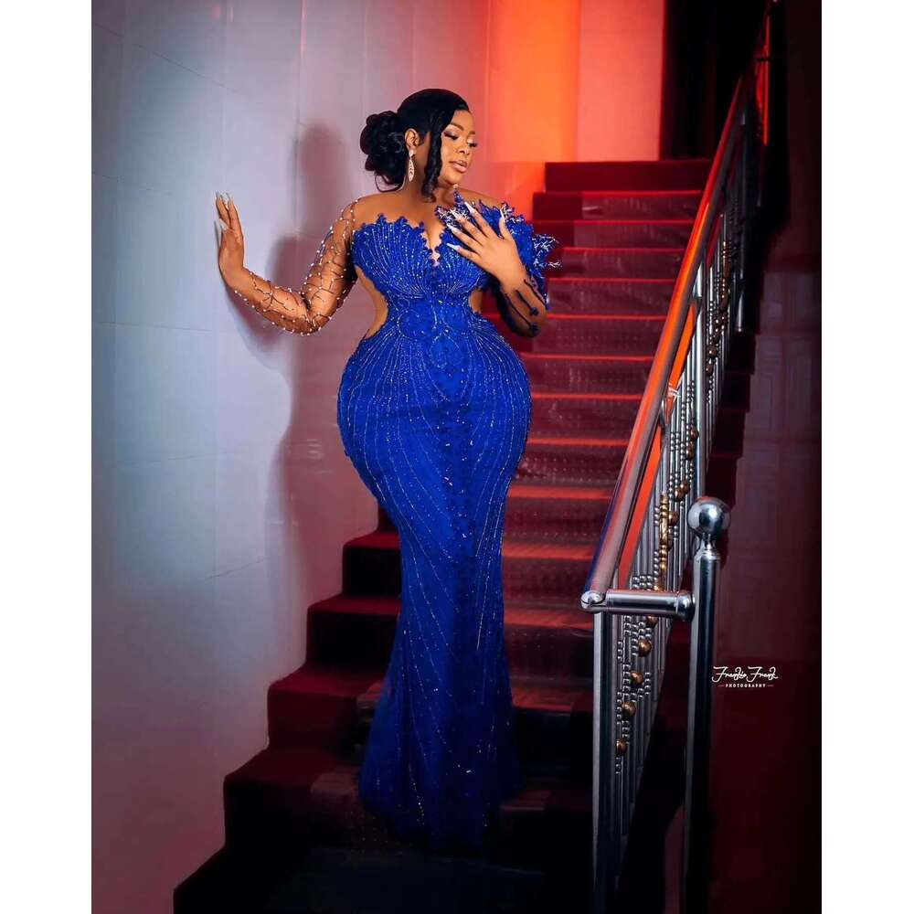 Mermaid African Frissade Wedding Full Sleeves, Long Prom Dresses, Detachable Train, Bright Ebi Ass, Royal Blue